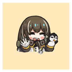 Rule 34 | 1girl, :d, ^ ^, arknights, backpack, bag, blush stickers, brown background, brown hair, chibi, closed eyes, cropped torso, daoshi niang lan er, facing viewer, gloves, hand puppet, hands up, highres, jacket, long hair, long sleeves, magallan (arknights), multicolored hair, open mouth, puffy long sleeves, puffy sleeves, puppet, simple background, smile, solo, streaked hair, teeth, upper body, upper teeth only, white gloves, white jacket