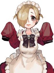 Rule 34 | 1girl, :d, alternate costume, apron, blonde hair, blush, bow, bowtie, brown bow, brown bowtie, brown eyes, cowboy shot, dress, earclip, earrings, enmaided, hair over one eye, hands up, highres, idolmaster, idolmaster cinderella girls, isis (p&amp;d), jewelry, kotatiyu, long sleeves, looking at viewer, maid, maid apron, maid headdress, one eye covered, open mouth, red dress, sanpaku, shirasaka koume, short hair, short twintails, simple background, sleeves past fingers, sleeves past wrists, smile, solo, twintails, white apron, white background