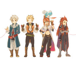 Rule 34 | 00s, 4boys, ^ ^, ahoge, asch (tales), belt, blonde hair, boots, breath weapon, breathing fire, choker, closed eyes, coat, creature, crossed arms, fire, full body, ginji (tales), ginji (toa), guy cecil, knee boots, long hair, luke fon fabre, male focus, midriff, mieu (tales), multiple boys, on head, pants, red hair, shoes, sidelocks, smile, string, string of fate, surcoat, tales of (series), tales of the abyss, tokino (colorseason), white background, white hair