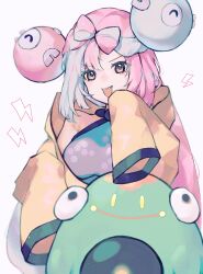 Rule 34 | 1girl, :d, asatte 3z, bellibolt, blue hair, bow-shaped hair, character hair ornament, creatures (company), game freak, hair ornament, highres, iono (pokemon), jacket, long hair, long sleeves, looking at viewer, multicolored hair, nintendo, open mouth, pink hair, pokemon, pokemon sv, sharp teeth, sleeves past fingers, sleeves past wrists, smile, teeth, two-tone hair, upper teeth only, very long hair, yellow jacket