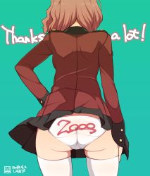 Rule 34 | 10s, 1girl, absurdres, artist name, back, black skirt, clothes writing, commentary request, cowboy shot, crotch seam, dated, english text, epaulettes, from behind, girls und panzer, green background, hand on own hip, highres, jacket, long sleeves, milestone celebration, military, military uniform, miniskirt, panties, pleated skirt, print panties, red hair, red jacket, rosehip (girls und panzer), short hair, signature, simple background, skindentation, skirt, solo, st. gloriana&#039;s military uniform, standing, text on panties, thank you, thighhighs, trefoil, underwear, uniform, wardrobe malfunction, watermark, white panties, white thighhighs, whitebeltmaster