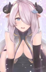 Rule 34 | 1girl, all fours, black gloves, black thighhighs, blue eyes, blush, breasts, commentary, draph, elbow gloves, gloves, granblue fantasy, hair ornament, hair over one eye, hanging breasts, horns, large breasts, light purple hair, long hair, looking at viewer, narmaya (granblue fantasy), pointy ears, senasky, signature, single thighhigh, sleeveless, solo, thigh strap, thighhighs