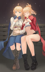 Rule 34 | 2girls, ^ ^, absurdres, ahoge, artoria pendragon (all), artoria pendragon (fate), bag, bandeau, bench, black footwear, blonde hair, boots, breasts, brown footwear, cleavage, closed eyes, cropped jacket, cross-laced footwear, eating, closed eyes, fate/apocrypha, fate/grand order, fate/stay night, fate (series), female focus, food, full body, green eyes, highres, jacket, ku99 , ku99 (kugugu), lace-up boots, legs, crossed legs, legs together, medium breasts, midriff, mordred (fate), mordred (fate/apocrypha), mordred (memories at trifas) (fate), mother and daughter, multiple girls, no navel, paper bag, park bench, saber (fate), scarf, sitting, skirt, small breasts, sweet potato, thighs, winter