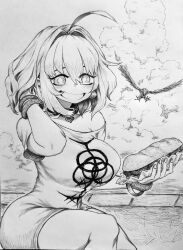 Rule 34 | 1girl, absurdres, ahoge, blush, bracelet, breasts, chronozbergh, cloud, cloudy sky, commentary, cowboy shot, cumulonimbus cloud, dress, english commentary, food, greyscale, grin, hair intakes, hands up, highres, holding, holding food, idolmaster, idolmaster cinderella girls, jewelry, large breasts, looking at viewer, monochrome, outdoors, short hair, sidelocks, sitting, sky, smile, solo, submarine sandwich, traditional media, yumemi riamu