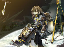 Rule 34 | 1girl, arknights, backpack, bag, bird, bird mask, black footwear, boots, box, brown eyes, brown hair, closed mouth, coat, commentary, drone, from side, full body, gas mask, gloves, highres, light, long sleeves, looking at viewer, magallan (arknights), mask, mask around neck, moririn, multicolored hair, night, originium (arknights), outdoors, penguin, short hair, sitting, skates, solo, spikes, streaked hair, stuffed animal, stuffed penguin, stuffed toy, therianthrope, tools, tripod, two-tone hair, white coat, white gloves, white hair, winter clothes, winter coat