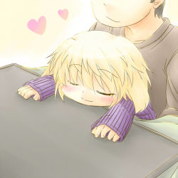 Rule 34 | blonde hair, child, closed eyes, happy, heart, kotatsu, sitting, sitting on lap, sitting on person, table