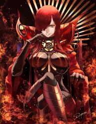 Rule 34 | 1girl, absurdres, akiwashi, armchair, armored boots, black background, black bodysuit, bodysuit, boots, bracelet, breasts, cape, chain, chair, collared cape, commentary, crest, crossed legs, family crest, fate/grand order, fate (series), fire, grin, hair flowing over, hair over one eye, hand on own face, high collar, highres, jewelry, large breasts, long hair, looking at viewer, oda nobunaga (fate), oda nobunaga (maou avenger) (fate), oda uri, one eye covered, open mouth, popped collar, red cape, red eyes, red hair, sitting, skin tight, smile, solo, teeth, thighs