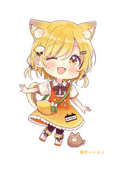 Rule 34 | 1girl, ;d, absurdres, animal, animal ear fluff, animal ears, bag, black bow, black pantyhose, blonde hair, blouse, blush, boots, bow, chibi, collared shirt, commentary request, dog, dog ears, dog girl, dog tail, dress, dress shirt, fang, full body, hair ornament, hairclip, highres, one eye closed, open mouth, orange dress, original, pantyhose, personification, sakura oriko, shirt, short sleeves, shoulder bag, simple background, sleeveless, sleeveless dress, smile, solo, standing, standing on one leg, tail, translation request, white background, white footwear, white shirt, yellow eyes