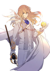 Rule 34 | 1boy, a ching, alternate eye color, apple, bishounen, blonde hair, blue neckerchief, cape, earrings, fate/grand order, fate (series), feather collar, food, formal, fruit, gameplay mechanics, gloves, glowing, golden apple, green eyes, hair between eyes, holding, jewelry, kirschtaria wodime, light, long hair, long sleeves, looking at viewer, male focus, neckerchief, pants, smile, solo, staff, standing, suit, white background, white cape, white gloves, white pants, white suit
