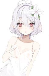Rule 34 | 1girl, :o, absurdres, antenna hair, bare arms, bare shoulders, blush, breasts, cleavage, commentary request, dress, flower, grey hair, hair between eyes, hair flower, hair ornament, highres, kokkoro (princess connect!), looking at viewer, parted lips, pointy ears, princess connect!, red eyes, simple background, sleeveless, sleeveless dress, small breasts, solo, v, white background, white dress, white flower, yupi (yuyupiko01)