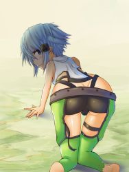 Rule 34 | 10s, 1girl, all fours, artist request, ass, bare shoulders, barefoot, blue eyes, blue hair, blush, butt crack, chaps, embarrassed, from behind, hair ornament, hairclip, highres, looking at viewer, looking back, short hair, short shorts, shorts, sinon, sword art online, tears