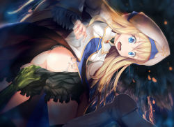 Rule 34 | 1girl, black shorts, blonde hair, blue eyes, boots, butt crack, cave, clothes pull, dress, frilled shorts, frills, gc3, goblin, goblin male, goblin slayer!, hat, long hair, long sleeves, looking back, panties, priestess (goblin slayer!), shorts, shorts pull, side-tie panties, solo focus, thigh boots, thighhighs, underwear, upskirt, white panties