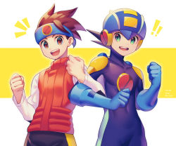 Rule 34 | !, !!, 2boys, :d, artist name, black shorts, blue headband, blue headwear, bodysuit, brown eyes, brown hair, brown vest, clenched hands, commentary request, covered collarbone, covered navel, cowboy shot, dated, green eyes, happy, headband, helmet, highres, lan hikari (mega man), locked arms, long sleeves, looking at viewer, male focus, mega man (series), mega man battle network, mega man battle network (series), megaman.exe, multiple boys, netnavi, notice lines, open mouth, outstretched hand, purple bodysuit, shirt, short hair, shorts, smile, spiked hair, standing, teeth, turtleneck, twitter username, two-tone background, upper teeth only, vest, white background, white shirt, yellow background, zero-go