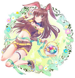 Rule 34 | 1girl, animal ears, basket, belt, blush, bow choker, breasts, bridal garter, brown eyes, brown hair, brown shirt, brown shorts, choker, closed mouth, commentary, detached sleeves, easter, easter egg, egg, flower, full body, hand up, highres, holding, holding egg, iesupa, leg ribbon, legs, long hair, looking at viewer, medium breasts, navel, outside border, rabbit ears, rabbit girl, rabbit tail, ribbon, round image, rwby, shirt, shoes, shorts, smile, solo, stomach, symbol-only commentary, tail, thighs, velvet scarlatina, wreath, yellow belt