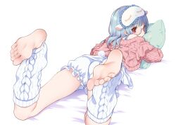 Rule 34 | 1girl, aran sweater, barefoot, bloomers, blue hair, blunt bangs, blush, cable knit, commentary request, covered mouth, feet, feet up, foot focus, from behind, glasses, hyodou shizuku, idoly pride, leg warmers, legs apart, long hair, looking at viewer, looking back, lying, hugging object, off shoulder, on stomach, pillow, pillow hug, pink sweater, plum (arch), red eyes, ribbed sweater, round eyewear, sidelocks, simple background, skirt, sleep mask, soles, solo, straight hair, sweater, the pose, thighs, toenails, toes, underwear, white background, white bloomers, white skirt