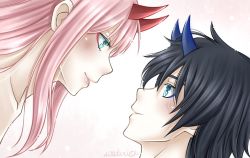 Rule 34 | 10s, 1boy, 1girl, black hair, blue eyes, blue horns, blush, commentary, couple, darling in the franxx, english commentary, face-to-face, facing another, green eyes, hetero, hiro (darling in the franxx), horns, long hair, looking at another, oni horns, pink hair, red horns, short hair, signature, xwaterice, zero two (darling in the franxx)
