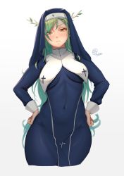 Rule 34 | 1girl, absurdres, alternate costume, antlers, blush, breasts, ceres fauna, covered navel, cropped legs, frown, green hair, hair over one eye, highres, hololive, hololive english, horns, large breasts, light blush, long hair, medium breasts, myth1carts, nose blush, nun, solo, very long hair, virtual youtuber, white background, yellow eyes