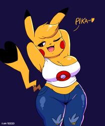 Rule 34 | arms behind head, breasts, creatures (company), curvy, denim, denim shorts, furry, furry female, game freak, gen 1 pokemon, highres, humanization, joao pereira, large breasts, looking at viewer, nintendo, one eye closed, open mouth, pikachu, pokemon, red eyes, shorts, tail, wink, yellow fur