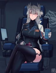 Rule 34 | 1girl, artist name, bird girl, buttons, cake, cape, chair, commentary, dangodes, drinking straw, english commentary, food, garter straps, gloves, grey hair, hair between eyes, hair bun, head wings, highres, lapels, light blush, long hair, looking at viewer, notched lapels, original, single hair bun, sitting, sketch, solo, starsector, thighhighs, thighs, turtleneck, uniform, united aurora federation, white cape, white gloves, wings