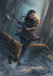 Rule 34 | 1girl, animal, axe, brown pants, fur jacket, gwent (game), highres, holding, holding axe, holding weapon, jacket, non-web source, outdoors, pants, snow, the witcher (series), tree, weapon, wolf