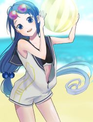 Rule 34 | 1girl, :d, alternate costume, ball, beachball, blue eyes, blue hair, cowboy shot, eyewear on head, head tilt, holding, holding ball, holding beachball, kantai collection, long hair, looking at viewer, noborito toto, open mouth, samidare (kancolle), smile, solo, sunglasses, very long hair