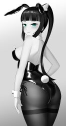 Rule 34 | 1girl, absurdres, alternate costume, animal ears, aqua eyes, ass, backless leotard, bare shoulders, black hair, black leotard, blunt bangs, breasts, bunny day, closed mouth, commentary, detached collar, english commentary, fake animal ears, fake tail, from behind, green eyes, greyscale, high ponytail, highres, kurosawa dia, leotard, long hair, looking at viewer, looking back, love live!, love live! sunshine!!, medium breasts, mole, mole under mouth, monochrome, pantyhose, rabbit ears, rabbit tail, solo, spot color, strapless, strapless leotard, tail, thighband pantyhose, wrist cuffs, yisusjpl