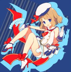 Rule 34 | 1girl, ankle bow, ankle ribbon, blue eyes, bow, character name, dress, floating, full body, gloves, hand up, hat, high heels, honda tamanosuke, idolmaster, idolmaster million live!, knees up, leg ribbon, light brown hair, medium hair, neckerchief, outline, outstretched arm, red bow, red neckerchief, red ribbon, ribbon, sailor collar, senkou hanabi dan (idolmaster), short dress, solo, suou momoko, white footwear, white hat, white sailor collar