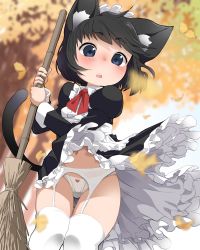 Rule 34 | 1girl, animal ear fluff, animal ears, blue eyes, blurry, blurry background, blush, bow, bow panties, bowtie, broom, cat ears, cat tail, clothes lift, dress, feet out of frame, frilled dress, frilled skirt, frills, garter belt, highres, juliet sleeves, koharuko (khrkhrk), leaf, long sleeves, maid, maid headdress, navel, open clothes, open mouth, open skirt, original, panties, puffy sleeves, red bow, red bowtie, short hair, skirt, skirt lift, solo, tail, thighhighs, thighs, underwear, white panties, white thighhighs, wind, wind lift