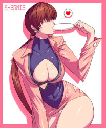 Rule 34 | 1girl, bad deviantart id, bad id, breasts, cleavage, cleavage cutout, clothing cutout, collarbone, food, hair over eyes, heart, hip focus, huge breasts, large breasts, lips, miniskirt, panties, pantyshot, ponytail, popsicle, red hair, sawao, sexually suggestive, shermie (kof), skirt, snk, solo, spoken heart, the king of fighters, underwear