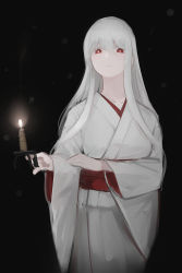 Rule 34 | 1girl, black background, candle, closed mouth, collarbone, expressionless, feet out of frame, highres, holding, holding candle, japanese clothes, kimono, long hair, looking at viewer, original, rampart1028, red eyes, solo, standing, white hair, white kimono