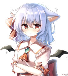 Rule 34 | 1girl, animal ears, bat wings, blush, bow, cat ears, collarbone, dress, frills, gradient background, hair between eyes, hat, highres, looking at viewer, pudding (skymint 028), purple hair, red bow, red eyes, red neckwear, remilia scarlet, shirt, signature, skirt, touhou, vest, white headwear, white shirt, wings