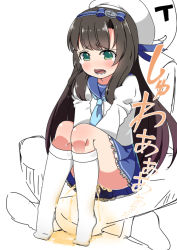 Rule 34 | 1boy, 1girl, admiral (kancolle), beret, between legs, black hair, blue neckwear, blue ribbon, blue sailor collar, blue skirt, blush, embarrassed, frilled skirt, frills, full body, green eyes, hair ornament, hair ribbon, hand between legs, hat, have to pee, kantai collection, kneehighs, knees together feet apart, long hair, long sleeves, matsuwa (kancolle), minamimachi naname, necktie, open mouth, own hands together, peeing, peeing self, puddle, ribbon, sailor collar, school uniform, serafuku, shirt, simple background, sitting, sitting on lap, sitting on person, skirt, socks, solo focus, tears, teeth, text focus, translation request, uniform, v arms, wet, wet clothes, white background, white headwear, white shirt, white socks