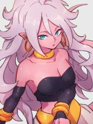 Rule 34 | 1girl, android 21, bare shoulders, blue eyes, bracelet, breasts, choker, cleavage, collarbone, colored skin, dragon ball, dragon ball fighterz, earrings, grey background, hoop earrings, jewelry, kemachiku, long hair, looking at viewer, majin android 21, medium breasts, pink hair, pink skin, simple background, solo, tail, yellow choker