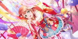 Rule 34 | 1girl, absurdres, blurry, blush, bokeh, depth of field, folding fan, frilled kimono, frilled sleeves, frills, hair bun, hand fan, hand on own cheek, hand on own face, hand on own head, hand up, highres, holding, japanese clothes, kimono, long sleeves, love live!, love live! nijigasaki high school idol club, love live! school idol festival all stars, obi, official art, open mouth, orange hair, parted bangs, pleated kimono, sash, single side bun, smile, solo, sparkle, streamers, thighhighs, uehara ayumu, wide sleeves, wind chime, yellow eyes