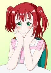 Rule 34 | 1girl, aqua eyes, artist name, artist request, bare shoulders, blush, breasts, chair, close-up, collarbone, dress, elbow on table, female focus, green eyes, hair between eyes, hand on own chest, hand on own face, kurosawa ruby, looking at viewer, love live!, love live! sunshine!!, on chair, parted lips, red hair, short hair, sitting, smile, solo, table, twintails, two side up, upper body, white dress
