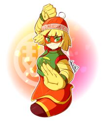 Rule 34 | 1girl, absurdres, arms (game), beanie, blonde hair, bracelet, cropped legs, domino mask, fighting stance, green eyes, hat, highres, jewelry, limehazard, mask, min min (arms), short hair