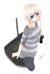 Rule 34 | 1girl, :o, black pants, blue eyes, blush, braid, breasts, can, collarbone, commentary, dated, grey shirt, hair between eyes, hair ornament, hairclip, holding, holding can, computer keyboard, long hair, looking at viewer, medium breasts, original, pants, parted lips, romaji commentary, shirasu youichi, shirt, signature, simple background, solo, striped clothes, striped shirt, white background, white hair