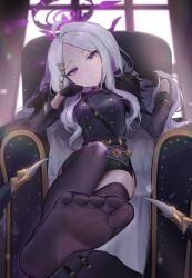 Rule 34 | 1girl, ahoge, black gloves, blue archive, feet, foot focus, gloves, halo, highres, hina (blue archive), horns, long hair, looking at viewer, oomabiblogo2, presenting foot, purple eyes, sitting, soles, solo, thighhighs, toes, white hair
