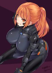 Rule 34 | 1girl, beatrix bremer, beatrix bremer (cosplay), breasts, commission, cosplay, covered erect nipples, fortified suit, hair behind ear, hand on own leg, highres, large breasts, leaning forward, long hair, makishima azusa, muv-luv, muv-luv alternative, orange eyes, orange hair, original, parted lips, pilot suit, ponytail, schwarzesmarken, skeb commission, skin tight, smile, solo