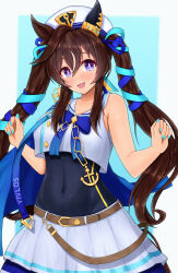 Rule 34 | 1girl, :3, animal ears, bare shoulders, blue nails, blush, breasts, brown hair, character name, commentary request, cropped shirt, ear covers, hair between eyes, hat, highres, horse ears, horse girl, horse tail, long hair, looking at viewer, m172/minatsu, medium breasts, multicolored hair, nail polish, open mouth, peaked cap, shirt, skirt, smile, solo, streaked hair, tail, twintails, umamusume, very long hair, vivlos (umamusume), white hair, white hat, white shirt, white skirt