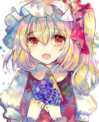 Rule 34 | 1girl, ascot, blonde hair, fang, flandre scarlet, flower, hat, hat ribbon, mob cap, open mouth, puffy short sleeves, puffy sleeves, red eyes, ribbon, short sleeves, side ponytail, smile, solo, touhou, upper body, vima, white background, white hat
