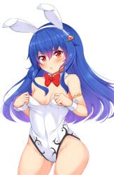 Rule 34 | 1girl, alternate costume, animal ears, armlet, bare arms, bare shoulders, blue hair, blush, bow, bowtie, breasts, commentary request, covered navel, cowboy shot, daichi (tokoya), detached collar, fake animal ears, food-themed hair ornament, gluteal fold, gradient hair, groin, hair between eyes, hair ornament, hairband, highres, hinanawi tenshi, leotard, long hair, looking at viewer, medium breasts, multicolored hair, no headwear, peach hair ornament, playboy bunny, purple hair, red bow, red bowtie, red eyes, simple background, solo, standing, thighs, touhou, white background, white hairband, wrist cuffs