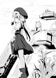 Rule 34 | 1girl, gotyou, greyscale, hat, long hair, looking at viewer, looking back, monochrome, skirt, solo