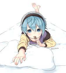 Rule 34 | 1boy, barefoot, blue eyes, blue hair, candy, feet, food, headphones, jacket, lollipop, looking at viewer, lying, male focus, on stomach, original, os (os fresa), soles, solo, souta (os), toes, twitter username