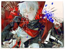 Rule 34 | 1boy, absurdres, arknights, atangjun524, black gloves, black jacket, blood, blood on face, blue eyes, brown background, commentary request, executor (arknights), executor the ex foedere (arknights), flower, gloves, hair between eyes, halo, hand up, highres, jacket, long sleeves, looking at viewer, male focus, parted lips, simple background, solo, spine, upper body, white flower, white hair