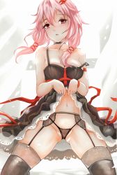 Rule 34 | 1girl, breasts, cleavage, clothes lift, dress, dress lift, garter belt, garter straps, guilty crown, hair ornament, hairclip, kneeling, lifting own clothes, long hair, looking at viewer, medium breasts, navel, nonoririn, pink hair, red eyes, solo, strap slip, thighhighs, thong, yuzuriha inori