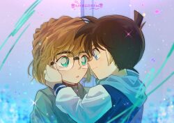 Rule 34 | 1boy, 1girl, absurdres, aqua eyes, artist name, bespectacled, black hair, blue eyes, blush, bob cut, borrowed clothes, brown hair, child, closed mouth, dressing another, edogawa conan, eye contact, giving, glasses, gradient background, grey jacket, haibara ai, hands up, highres, hood, hood down, hoodie, jacket, long sleeves, looking at another, looking away, meitantei conan, profile, short hair, smile, sparkle, surprised, suzushi, upper body