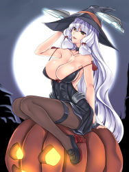 Rule 34 | 1girl, :p, aged up, alternate breast size, bare shoulders, black dress, black gloves, black pantyhose, blue hair, breasts, brown hair, cleavage, dress, fingerless gloves, floating, floating object, full moon, gloves, hair ornament, hakkai, halloween costume, hat, high heels, highres, jack-o&#039;-lantern, kantai collection, long hair, moon, murakumo (kancolle), off shoulder, pantyhose, sidelocks, sitting, sleeveless, sleeveless dress, smile, solo, thick eyebrows, thigh strap, tongue, tongue out, very long hair, witch hat