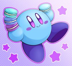 Rule 34 | alternate color, blue skin, blush stickers, colored skin, creature, food, holding, holding food, kirby, kirby (series), looking at viewer, macaron, nintendo, no humans, polka dot, polka dot background, purple eyes, slys (jesterdysphoria), smile, solid oval eyes, solo, star (symbol)