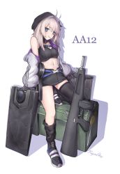 Rule 34 | 1girl, aa-12, aa-12 (girls&#039; frontline), ahoge, asymmetrical legwear, automatic shotgun, beret, black footwear, black gloves, black hat, black shirt, black skirt, black thighhighs, blue eyes, blush, breasts, brown hair, buckle, character name, closed mouth, collarbone, combat shotgun, commentary request, crop top, drum magazine, girls&#039; frontline, gloves, grey jacket, gun, hair between eyes, hat, head tilt, high-capacity magazine, highres, jacket, ky (ky990533), long hair, long sleeves, looking at viewer, loose socks, magazine (weapon), medium breasts, mouth hold, name connection, navel, object namesake, off shoulder, open clothes, open jacket, puffy long sleeves, puffy sleeves, ribbed shirt, riot shield, shadow, shield, shield module, shirt, shoes, shotgun, signature, single thighhigh, skirt, snap-fit buckle, socks, solo, thighhighs, uneven legwear, weapon, white background